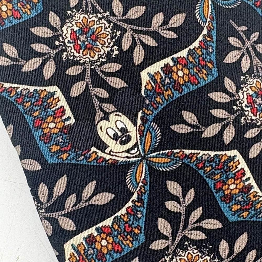 Disney Mickey Mouse Mens Silk Necktie Navy Floral Geometric Vintage Tie